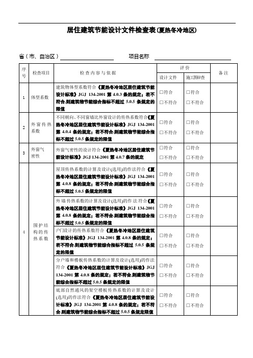 居住建筑节能设计文件检查表夏热冬冷地区