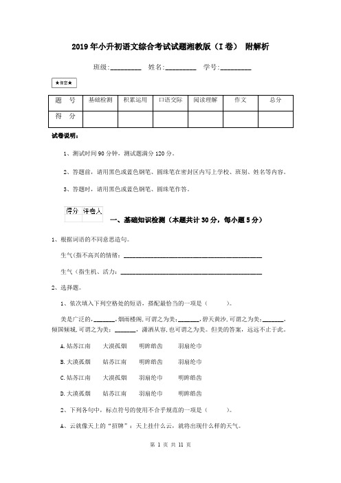 2019年小升初语文综合考试试题湘教版(I卷) 附解析