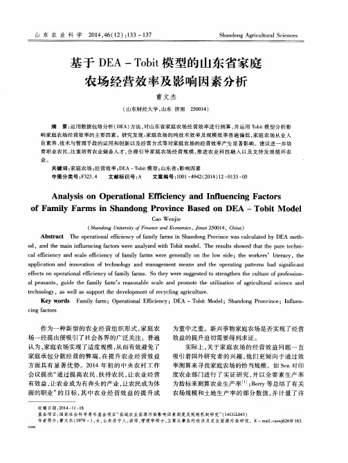 基于DEA-Tobit模型的山东省家庭农场经营效率及影响因素分析