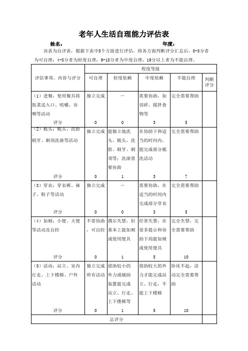 老年人生活自理能力评估表