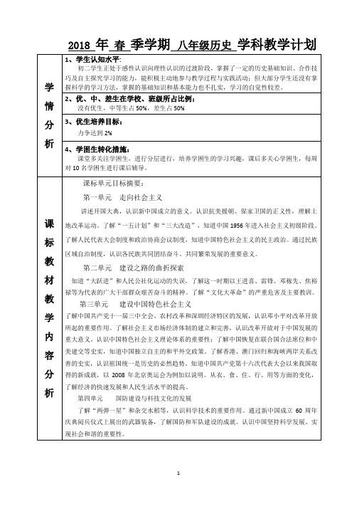 2018 年 春 季学期 历史 学科教学计划