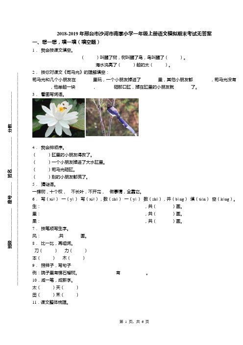 2018-2019年邢台市沙河市南掌小学一年级上册语文模拟期末考试无答案