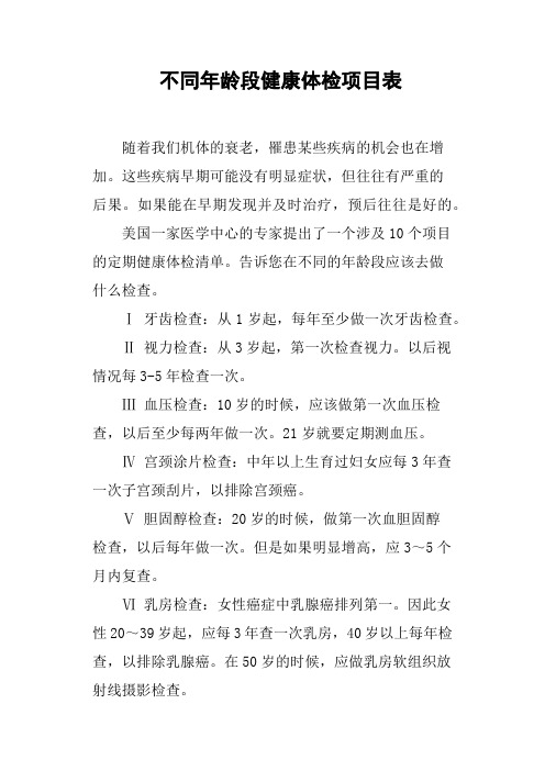 不同年龄段健康体检项目表