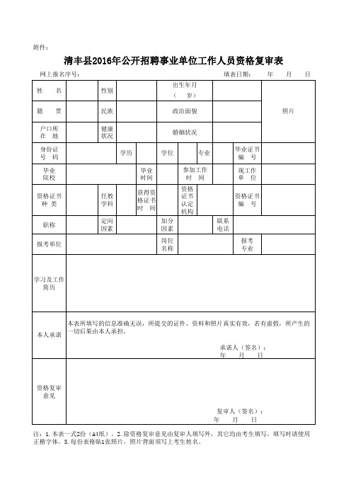 清丰县2016年公开招聘事业单位工作人员资格复审表