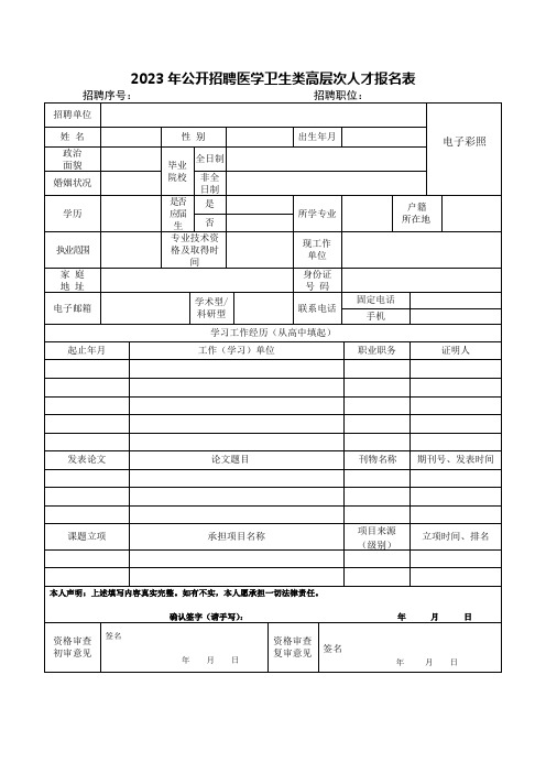 公开招聘医学卫生类高层次人才报名表