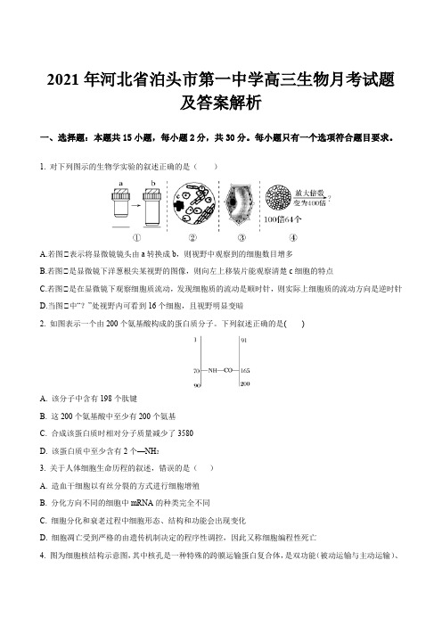 2021年河北省泊头市第一中学高三生物月考试题及答案解析