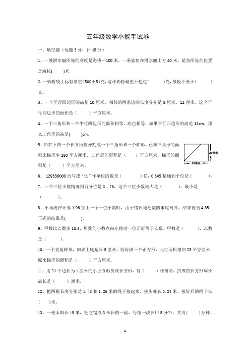 2019-2020五年级上册数学小能手试卷