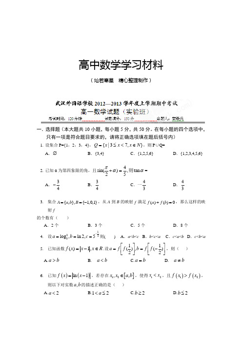 人教A版数学必修一湖北省武汉外国语学校高一上学期期中考试数学(实验班)试题(无答案)