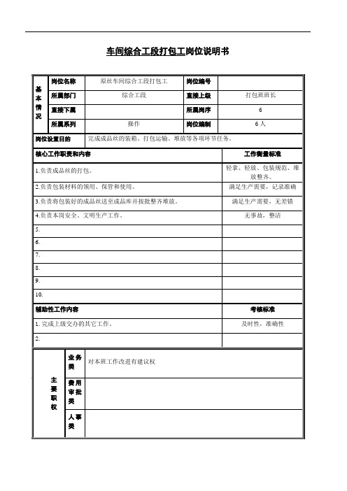 车间综合工段打包工岗位说明书