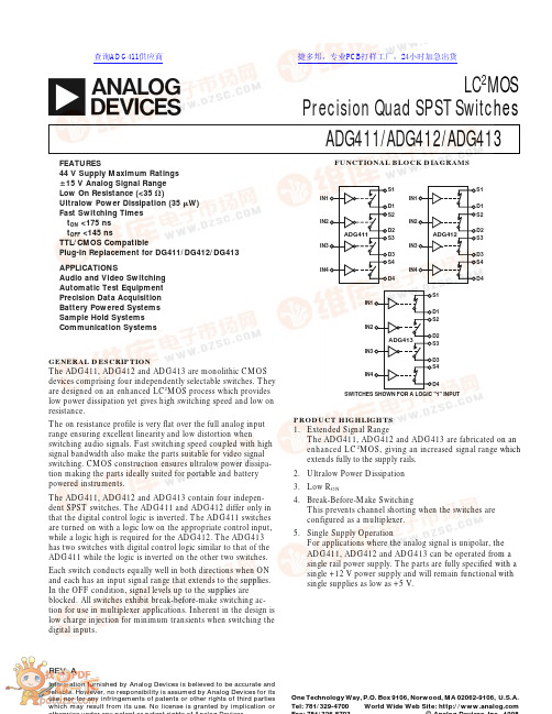 模拟器件lc2mos精密四路单刀双掷开关adg411 adg412 adg413说明书