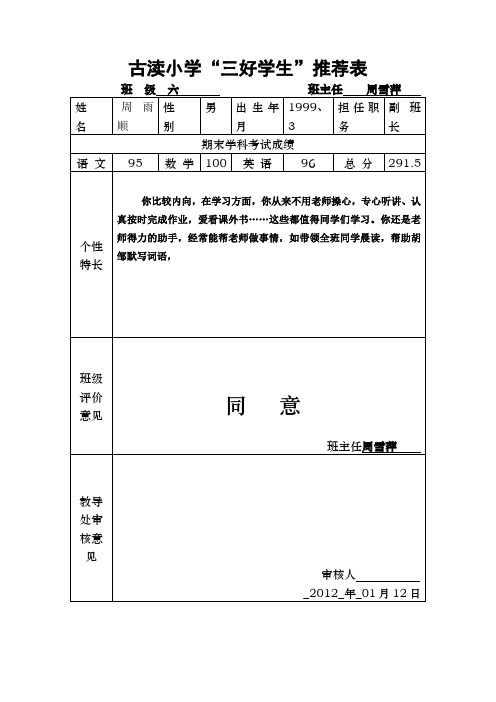 古渎小学三好学生积极分子推荐表