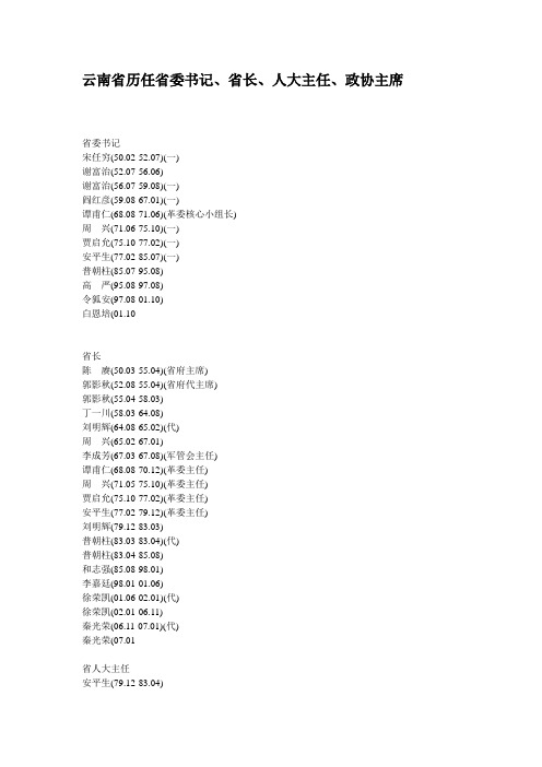 云南省历任省委书记