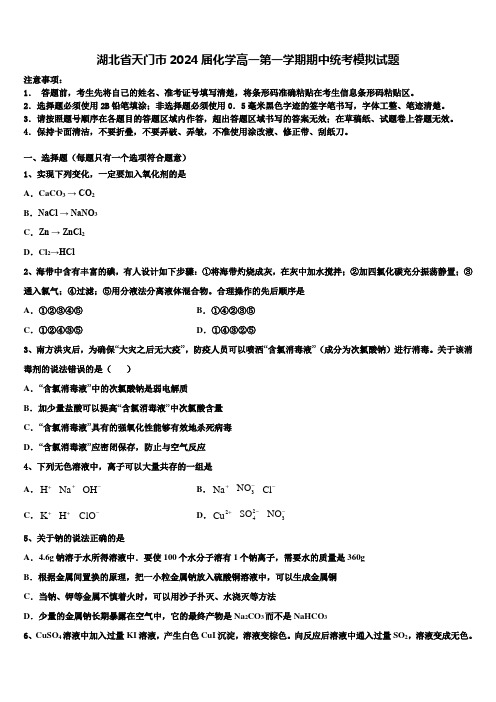 湖北省天门市2024届化学高一第一学期期中统考模拟试题含解析