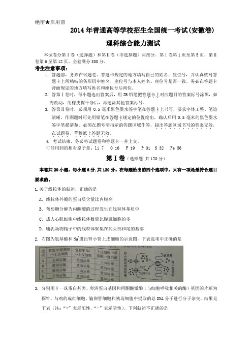 2014年高考真题——理综(安徽卷) Word版含答案