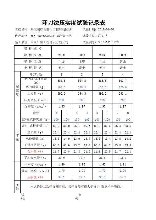 环刀法压实度计算表4%灰土