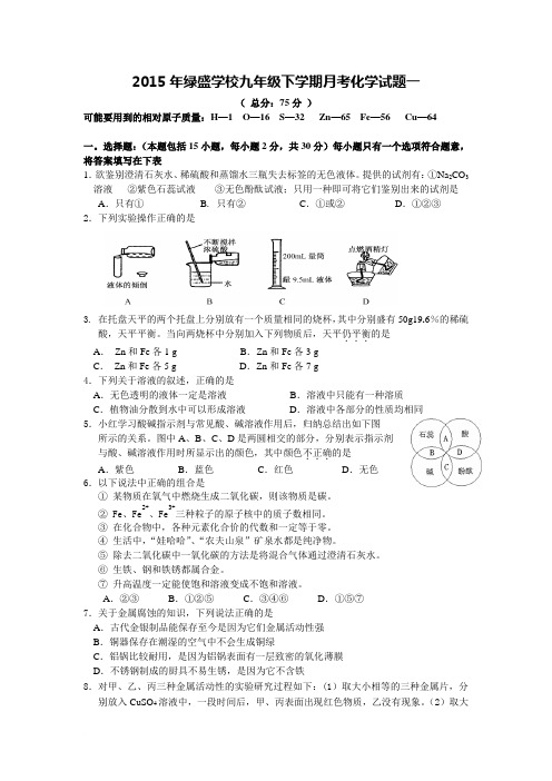 2015自贡市蜀光绿盛学校九年级化学试下学期月考一