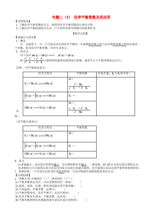 广东省雷州市2018年高三化学一轮复习 反应速率与化学平衡 专题二 化学平衡常数及其应用