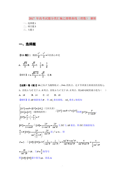 2017年高考数学理试题分类汇编：圆锥曲线