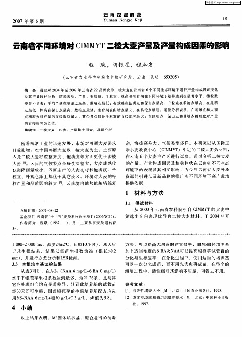 云南省不同环境对CIMMYT二棱大麦产量及产量构成因素的影响