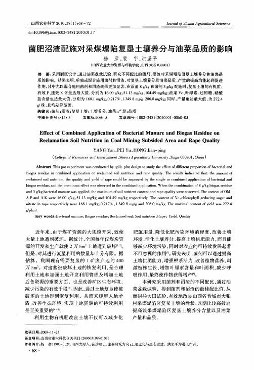 菌肥沼渣配施对采煤塌陷复垦土壤养分与油菜品质的影响