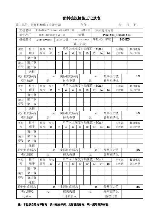 调整后的压桩监理旁站记录