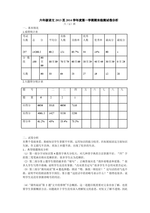 六年级语文2013至2014学年度第一学期期末检测试卷分析