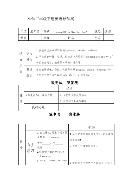 小学三年级下册英语导学案Lesson 23 How Much Are They