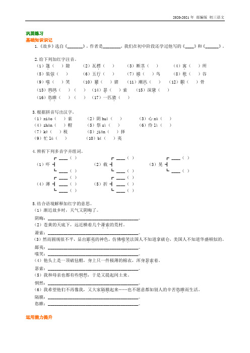 人教部编版语文九年级《故乡》巩固练习