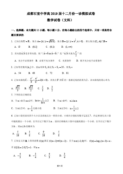 成都石室中学2019届12月份一诊模拟试卷数学(文科)