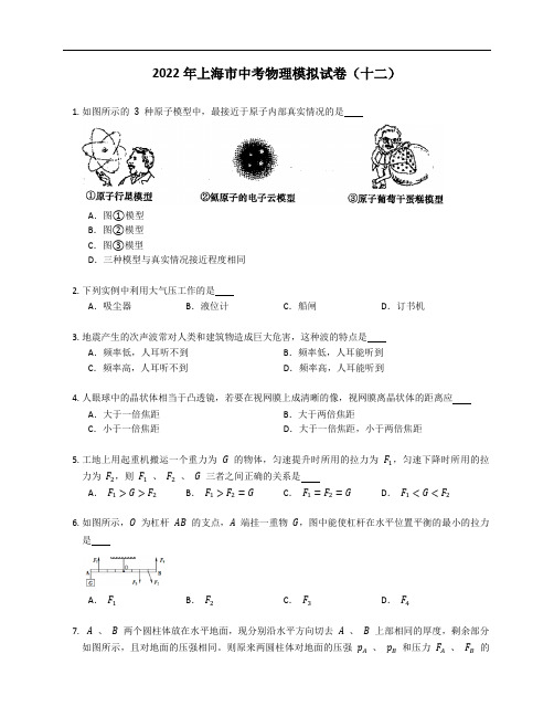 2022年上海市中考物理模拟试卷(十二)