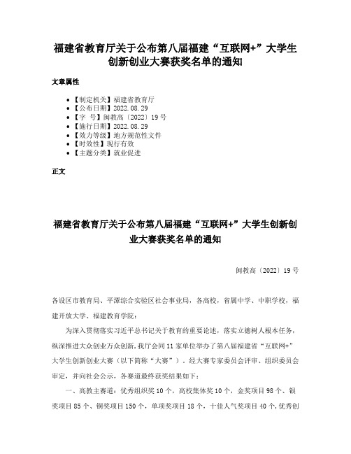 福建省教育厅关于公布第八届福建“互联网+”大学生创新创业大赛获奖名单的通知