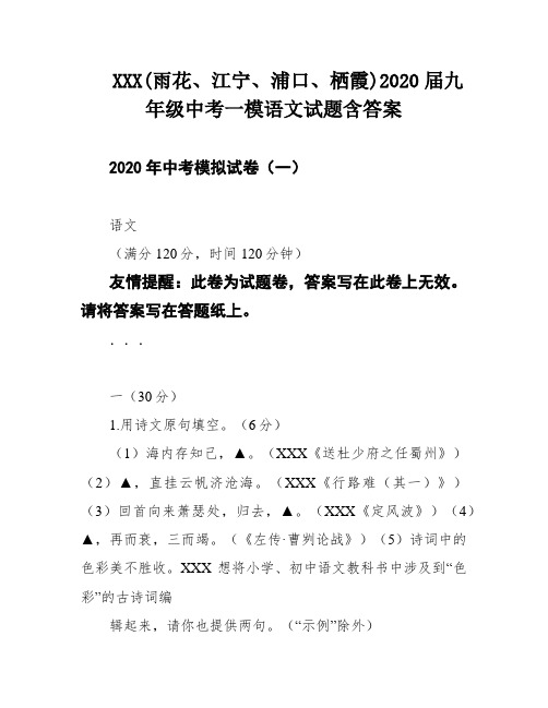 XXX(雨花、江宁、浦口、栖霞)2020届九年级中考一模语文试题含答案