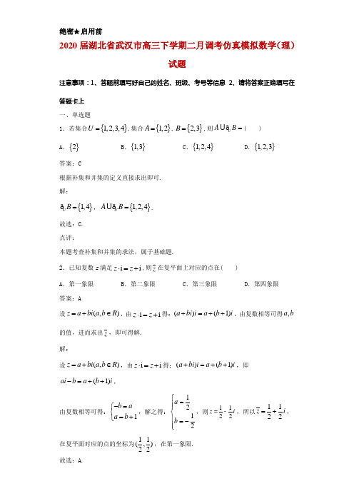 2020届湖北省武汉市高三下学期二月调考仿真模拟数学(理)试题解析