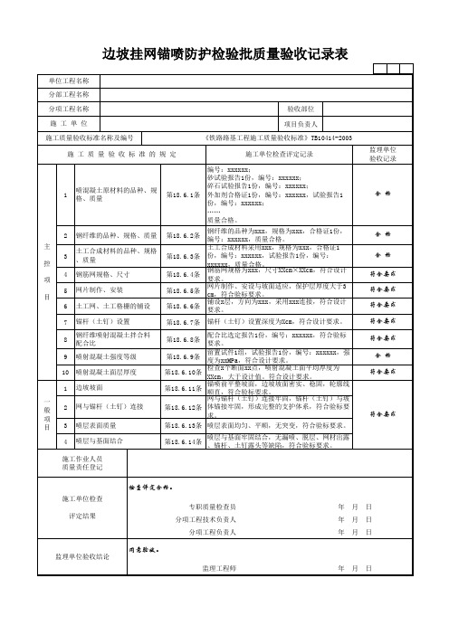 边坡挂网锚喷防护检验批质量验收记录表