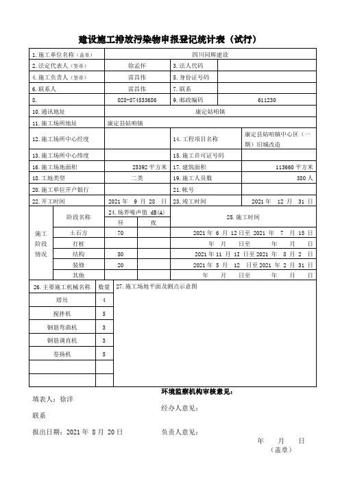 建设施工排放污染物申报登记统计表