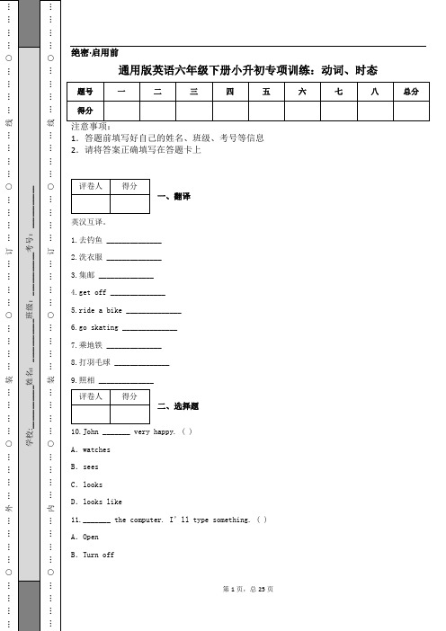 通用版英语六年级下册小升初专项训练：动词、时态