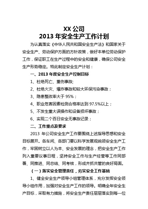 公司2013年度安全生产工作计划