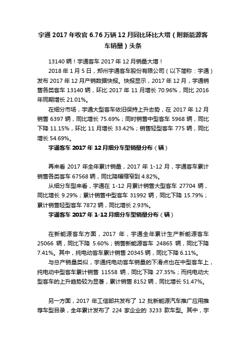 宇通2017年收官6.76万辆12月同比环比大增（附新能源客车销量）头条