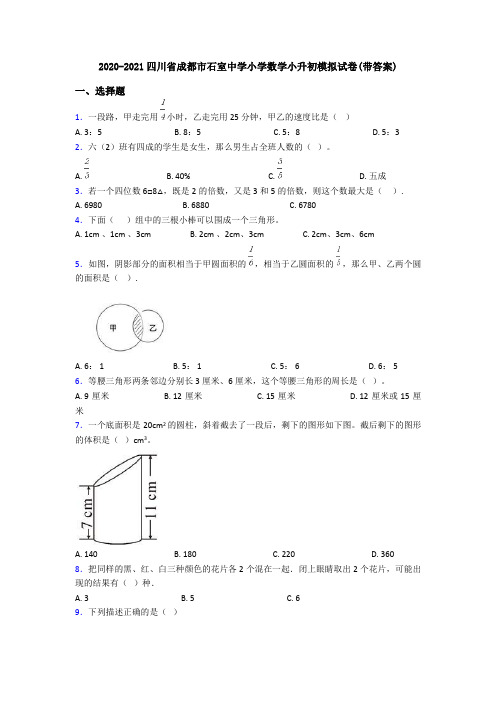 2020-2021四川省成都市石室中学小学数学小升初模拟试卷(带答案)