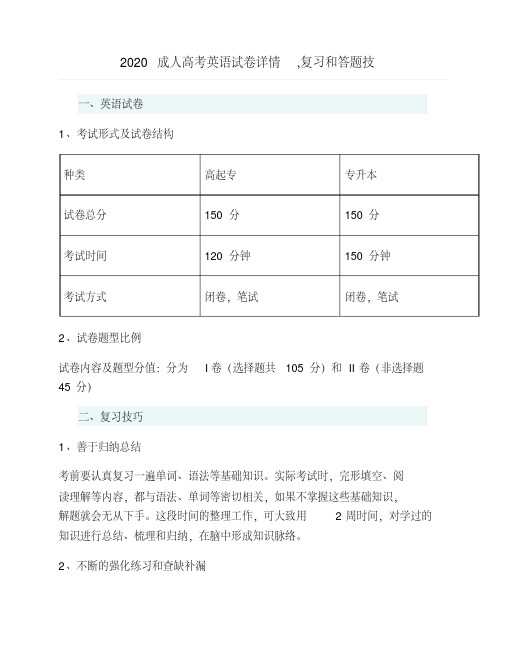 2020成人高考英语试卷详情,复习和答题技巧~