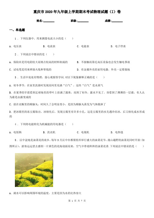 重庆市2020年九年级上学期期末考试物理试题(I)卷