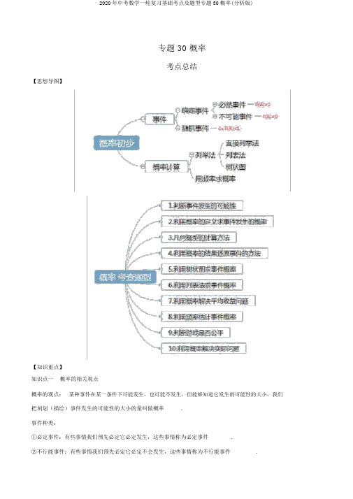 2020年中考数学一轮复习基础考点及题型专题30概率(解析版)