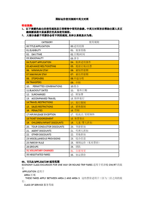 国际运价使用规则中英文对照