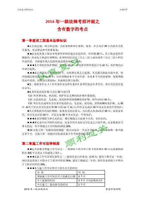 2016年一级法规冲刺含有数字考点