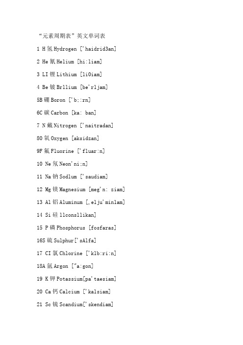 “元素周期表”英文单词表