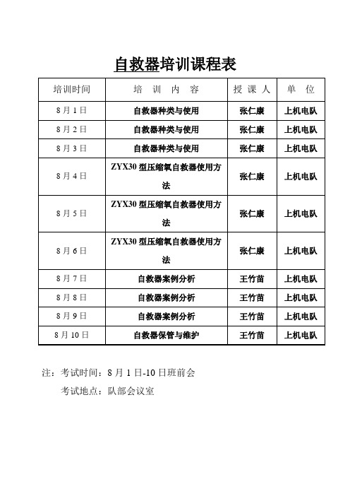 自救器培训计划及课程表