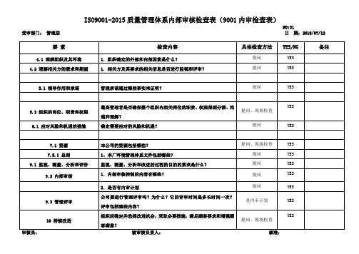 ISO9001-2015质量管理体系内部审核检查表(9001内审检查表)