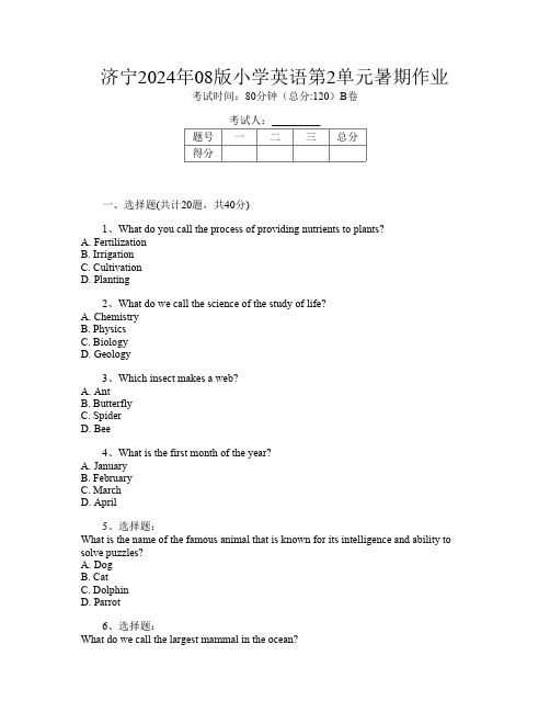 济宁2024年08版小学第5次英语第2单元暑期作业