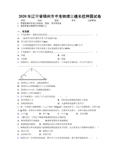 2020年辽宁省锦州市中考物理三模名校押题试卷附解析