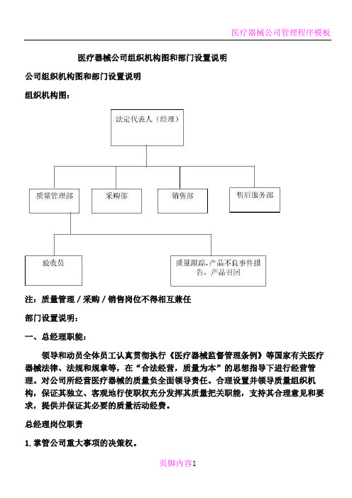 医疗器械公司组织机构图和部门设置说明